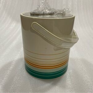 Vintage New Retro Phoenix Ice Bucket Gold, Teal, Green Striped Lid Tongs 3qt